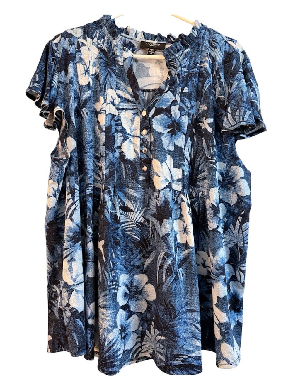 Cocomo Navy & White Floral Short-Sleeve Henley Tunic